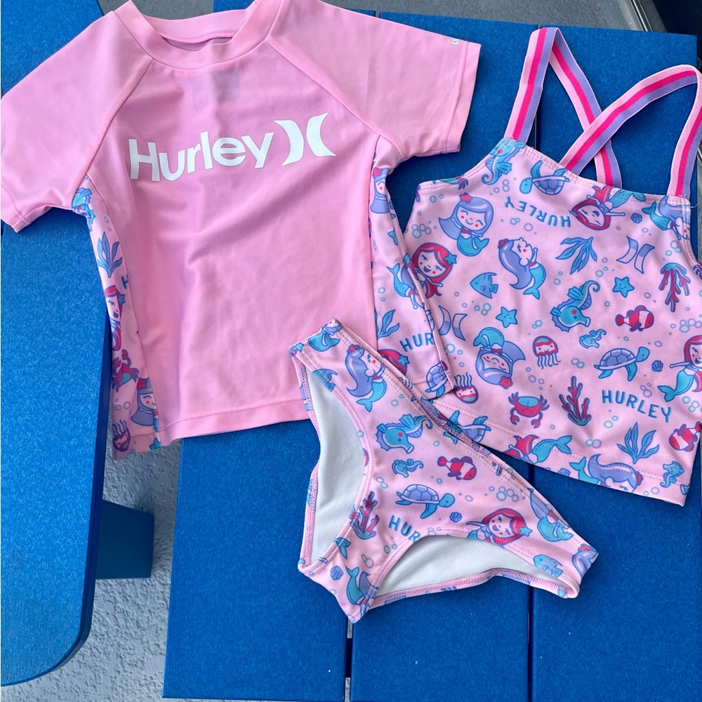 Hurley Kids Pink and Blue Mermaid Bikini Rashguard Set Size 6